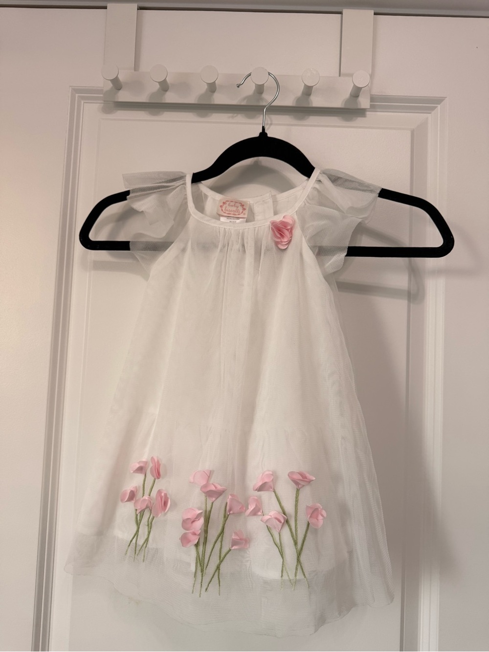Biscotti White Tulle Dress with Pink Floral Embroidery